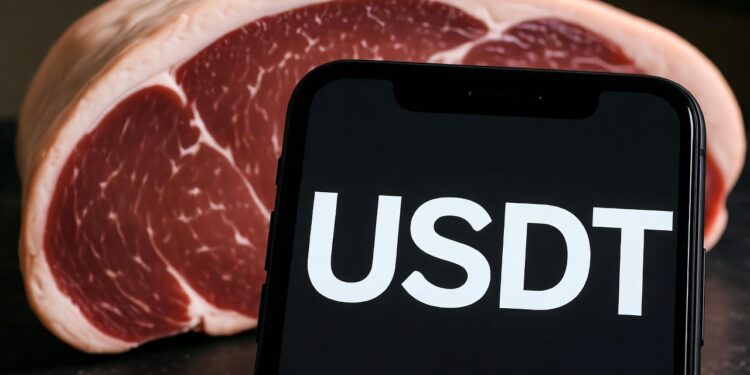 Imagen donde se ve carne y un celular con USDT.