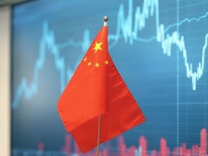 Bandera de China sobre indicadores de mercados.