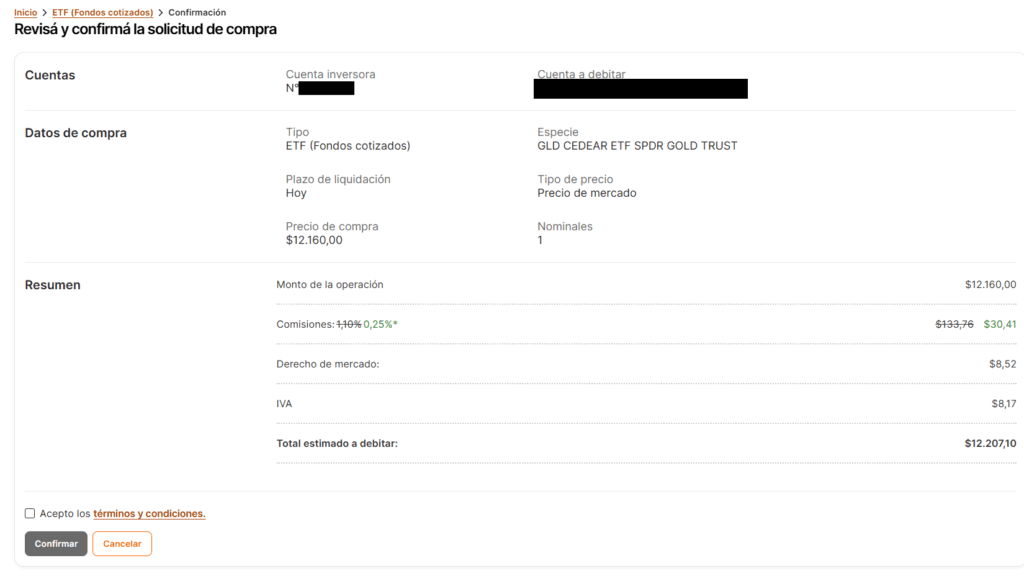 Pantalla de confirmación de la inversión.