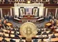 Imagen del interior del congreso del estado de Nueva York y en el centro una moneda de bitcoin