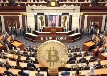 Imagen del interior del congreso del estado de Nueva York y en el centro una moneda de bitcoin