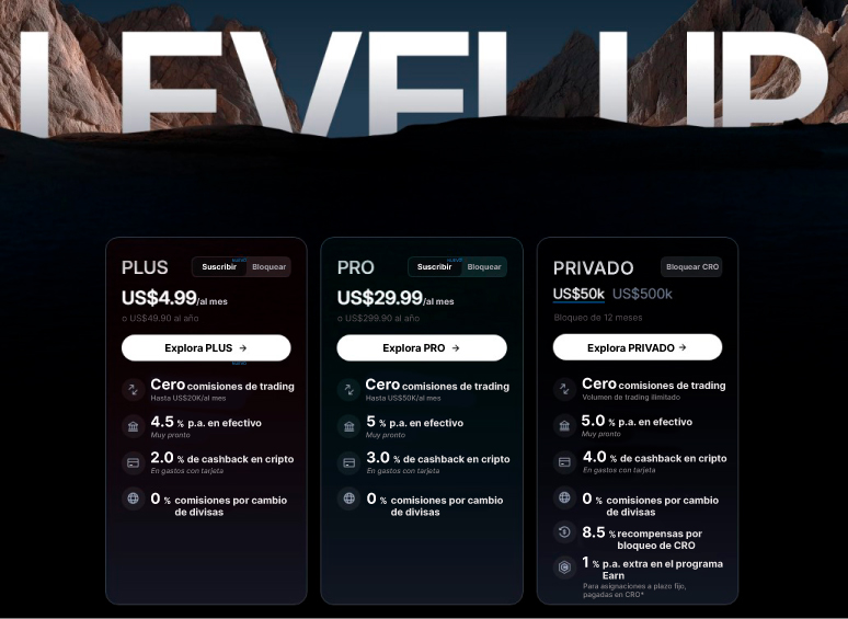 Tres recuadros negros con letras blancas detallando beneficios y costos de los niveles PLUS, PRO y PRIVATE del programa Level Up de Crypto.com.