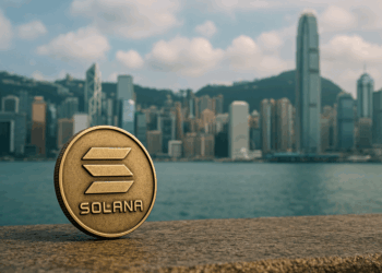 Imagen realista horizontal que muestra una moneda dorada de Solana en primer plano, colocada sobre una superficie de piedra con el puerto de Hong Kong y su icónico skyline al fondo. Se distinguen edificios emblemáticos como el Bank of China Tower y el International Commerce Centre bajo un cielo parcialmente nublado. Ideal para ilustrar la conexión entre criptomonedas y centros financieros asiáticos.