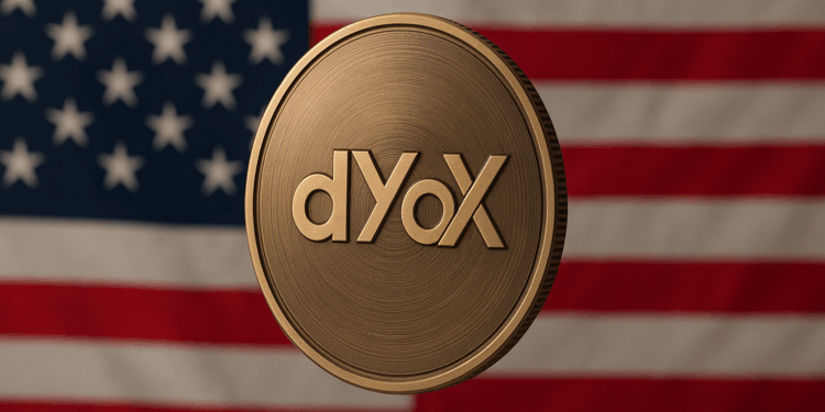 Moneda de dYdX en primer plano, con acabado metálico y de fondo, la bandera de Estados Unidos con sus franjas rojas y blancas y las estrellas sobre fondo azul.