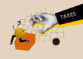 Ilustración conceptual de un hombre corriendo con una moneda de criptomoneda mientras una gran mano con la palabra “Taxes” intenta alcanzarlo
