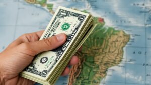 Dólares sostenidos por una mano con un fondo del continente americano.