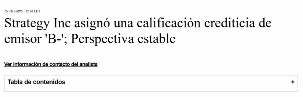Encabezado del anuncio de la calificación crediticia otorgada a Strategy por parte de S&P Global Ratings.