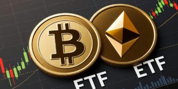 monedas de bitcoin y ethereum doradas sobre un gráfico de precios.