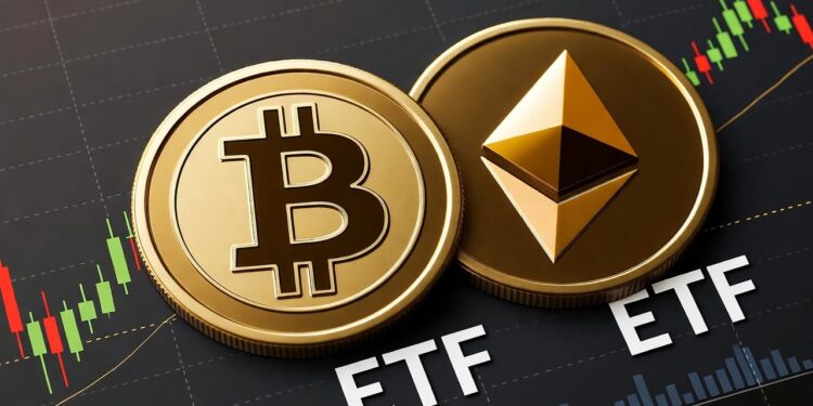 monedas de bitcoin y ethereum doradas sobre un gráfico de precios.