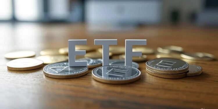 Monedas físicas sobre una mesa de madera y las letras ETF blancas.