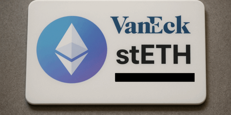 Una placa blanca con el logo de Ethereum y la leyenda "VanEck stETH".