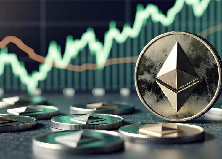 Imagen de varias monedas físicas de Ethereum con el logotipo en relieve, dispuestas en primer plano sobre una superficie oscura. Al fondo, un gráfico de líneas en tono verde muestra una tendencia alcista pronunciada.
