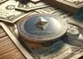 Moneda con el logo de Ethereum sobre varios dólares físicos.