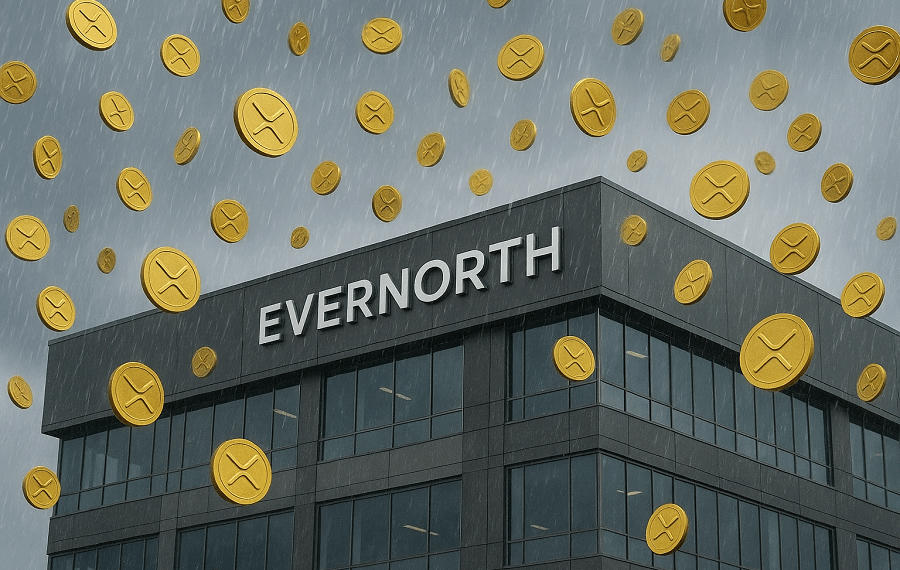 Imagen realista de un edificio corporativo moderno con el letrero “EVERNORTH” en su fachada, mientras una lluvia de monedas doradas de la criptomoneda XRP cae desde el cielo sobre el edificio, bajo un cielo nublado gris.