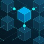 Ilustración de color azul de una red blockchain con cubos interconectados y símbolos que muestran el flujo de datos