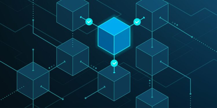 Ilustración de color azul de una red blockchain con cubos interconectados y símbolos que muestran el flujo de datos