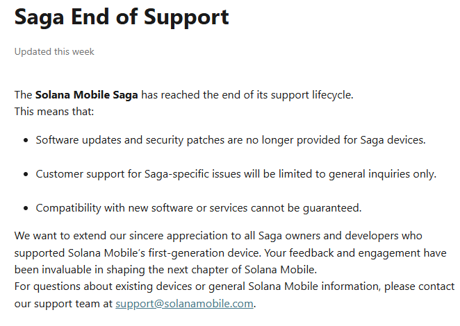 Screenshot of the announcement of the end of technical support for Saga.