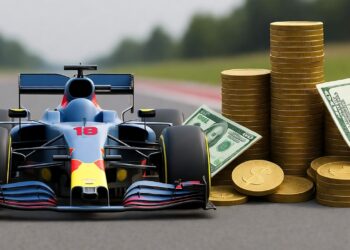 Imagen de auto de carrera para Fórmula 1 junto a monedas y dólares.