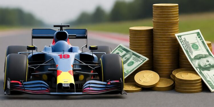 Imagen de auto de carrera para Fórmula 1 junto a monedas y dólares.