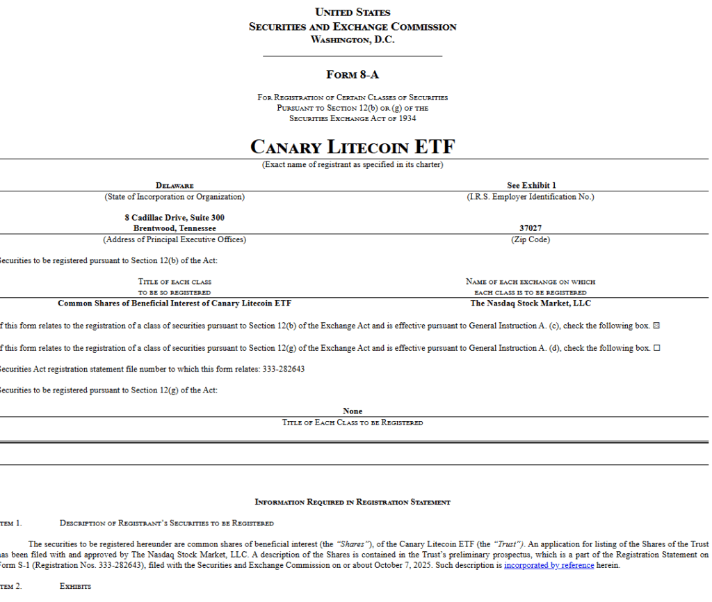 Solicitud 8-A que registra formalmente las acciones del ETF bajo la Ley de 1934.