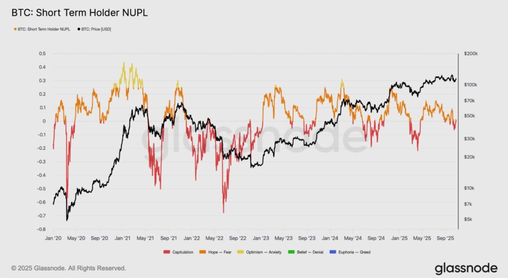 Chart of a red-yellow line reflecting the STH NUPL and a black line showing the price of BTC.
