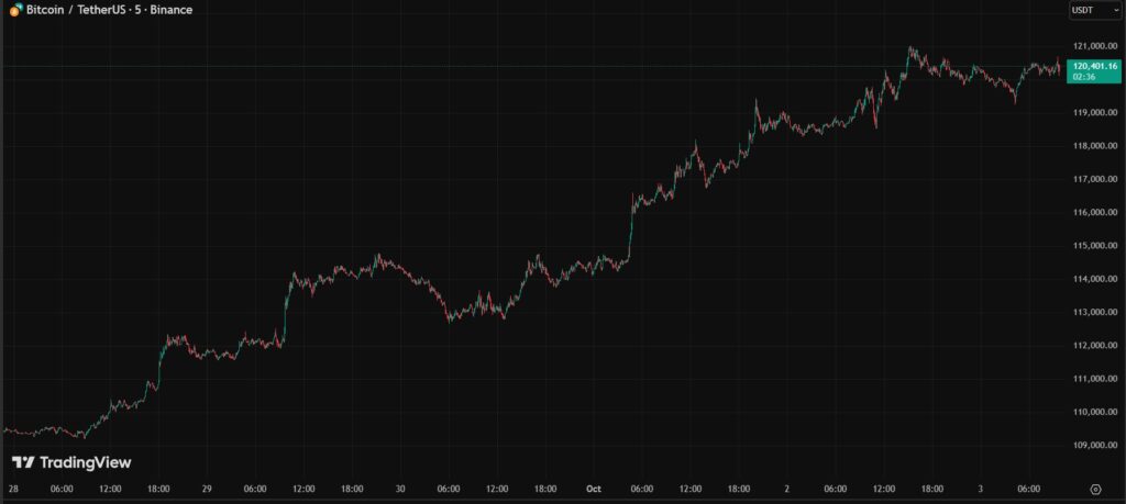 Gráfica del precio de bitcoin con fondo negro, líneas verdes y rojas subiendo diagonalmente hacia la derecha.