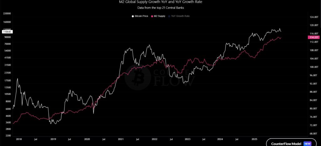 Gráfico de dos líneas, una rosada que refleja la liquidez monetaria global, y una blanca que representa el precio de bitcoin.