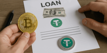 Imagen de un préstamo colateralizado: una mano sostiene una moneda de bitcoin frente a un contrato con la palabra 'Loan' y el logo de USDT.