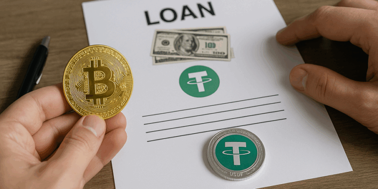 Imagen de un préstamo colateralizado: una mano sostiene una moneda de bitcoin frente a un contrato con la palabra 'Loan' y el logo de USDT.