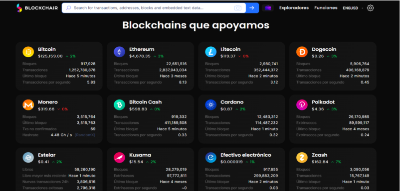 Página de Blockchair que lista las blockchains compatibles, incluyendo: Bitcoin ($125,159), Ethereum ($4,878), Litecoin ($119), Dogecoin ($0.26), y otras 8 redes con sus precios y métricas principales.