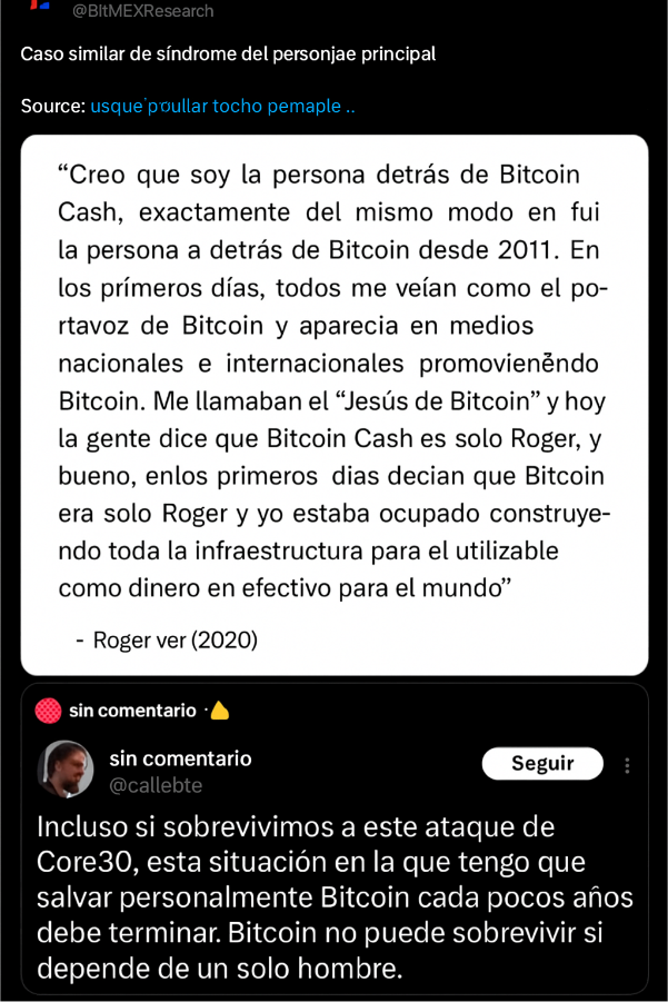 Tweet en el que se muestran citas a Roger Ver y Luke Dashjr, compartidas por BitMEX Research y CalleBTC.