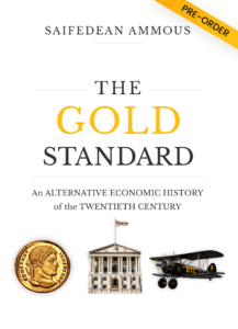 La portada de The Gold Standard: fondo blanco, con titulo, subtitulo y tres símbolos representativos del contenido del libro.