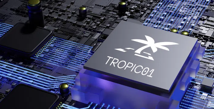 Digital graphical representation of a Tropic01 chip on a circuit board.
