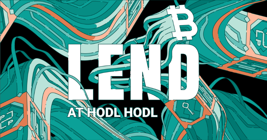 Imagen abstracta con la palabra "LEND" en blanco grande y "AT HODL HODL" debajo, sobre un fondo de circuitos y formas orgánicas.