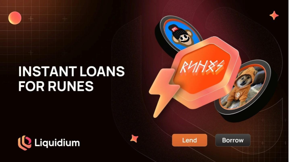 Texto blanco "INSTANT LOANS FOR RUNES" a la izquierda, junto al logo de Liquidium. A la derecha, íconos flotantes de un rayo, un hexágono con símbolos y dos avatares de Runes.
