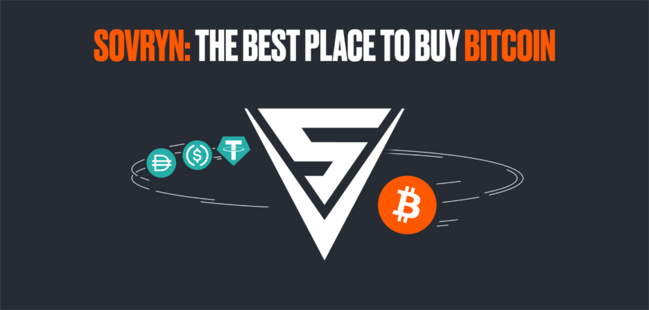 Texto naranja "SOVRYN: THE BEST PLACE TO BUY BITCOIN" sobre un fondo gris oscuro, con el logo blanco de Sovryn y varios iconos de criptoactivos en el centro.