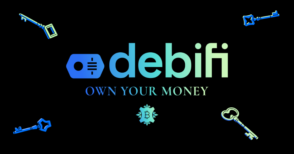 Logo de "debifi" con el lema "OWN YOUR MONEY", acompañado de íconos de llaves y un símbolo de Bitcoin.