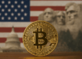 Aquí tienes una descripción pensada especialmente para metadata o texto alternativo en WordPress, con un toque visual y claro: **Descripción sugerida:** Fotografía realista de una moneda de Bitcoin dorada en primer plano, enfocada con gran detalle. En el fondo aparece una composición borrosa de símbolos representativos de Estados Unidos, como el Capitolio, el Monte Rushmore y la bandera estadounidense. La iluminación resalta el brillo de la moneda, destacando su importancia dentro del contexto financiero norteamericano.