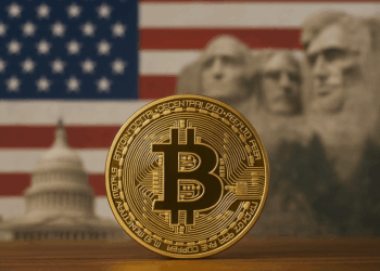 Aquí tienes una descripción pensada especialmente para metadata o texto alternativo en WordPress, con un toque visual y claro: **Descripción sugerida:** Fotografía realista de una moneda de Bitcoin dorada en primer plano, enfocada con gran detalle. En el fondo aparece una composición borrosa de símbolos representativos de Estados Unidos, como el Capitolio, el Monte Rushmore y la bandera estadounidense. La iluminación resalta el brillo de la moneda, destacando su importancia dentro del contexto financiero norteamericano.