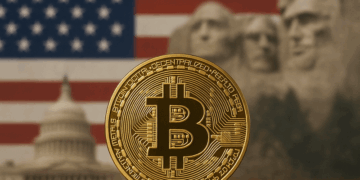 Aquí tienes una descripción pensada especialmente para metadata o texto alternativo en WordPress, con un toque visual y claro: **Descripción sugerida:** Fotografía realista de una moneda de Bitcoin dorada en primer plano, enfocada con gran detalle. En el fondo aparece una composición borrosa de símbolos representativos de Estados Unidos, como el Capitolio, el Monte Rushmore y la bandera estadounidense. La iluminación resalta el brillo de la moneda, destacando su importancia dentro del contexto financiero norteamericano.