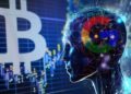 Imagen de un robot de inteligencia artificial con el logo de Google, el logo de Bitcoin a un lado y gráficas en el fondo.