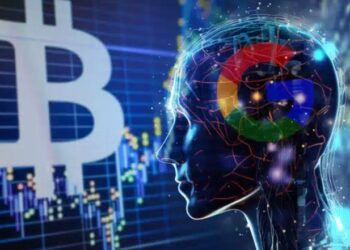 Imagen de un robot de inteligencia artificial con el logo de Google, el logo de Bitcoin a un lado y gráficas en el fondo.