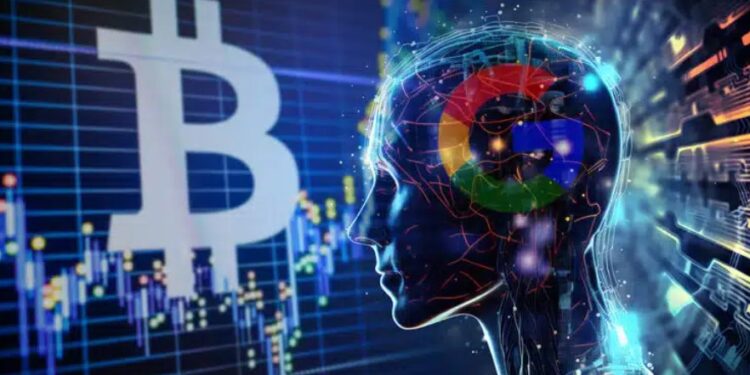 Imagen de un robot de inteligencia artificial con el logo de Google, el logo de Bitcoin a un lado y gráficas en el fondo.