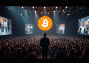 un hombre de espalda da una conferencia frente a gente y el logo de bitcoin.