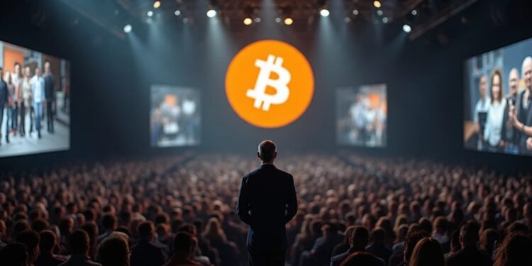 un hombre de espalda da una conferencia frente a gente y el logo de bitcoin.