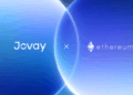 Imagen con fondo azul degradado que muestra los logotipos de Jovay y Ethereum, separados por una 'x' en el centro, simbolizando una colaboración o alianza entre ambas marcas.
