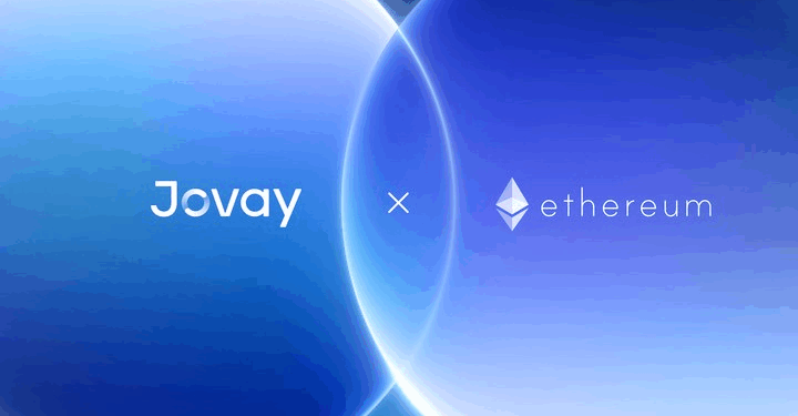 Imagen con fondo azul degradado que muestra los logotipos de Jovay y Ethereum, separados por una 'x' en el centro, simbolizando una colaboración o alianza entre ambas marcas.
