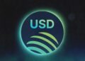 Logo de la stablecoin de Jupiter sobre un fondo negro.