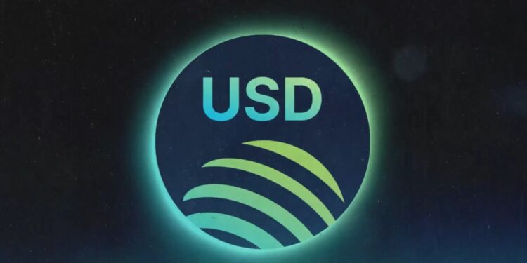 Logo de la stablecoin de Jupiter sobre un fondo negro.