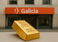 Lingote de oro brillante en primer plano, colocado sobre una superficie lisa. En el fondo, se ve la fachada de una sucursal del Banco Galicia de Argentina, con su característico cartel naranja y el logotipo blanco con una cruz estilizada. El lingote, grabado con la inscripción “999.9 Fine Gold, Net WT 1000g”, está nítidamente enfocado, mientras que el edificio aparece levemente desenfocado, destacando el contraste entre el oro y la institución financiera.